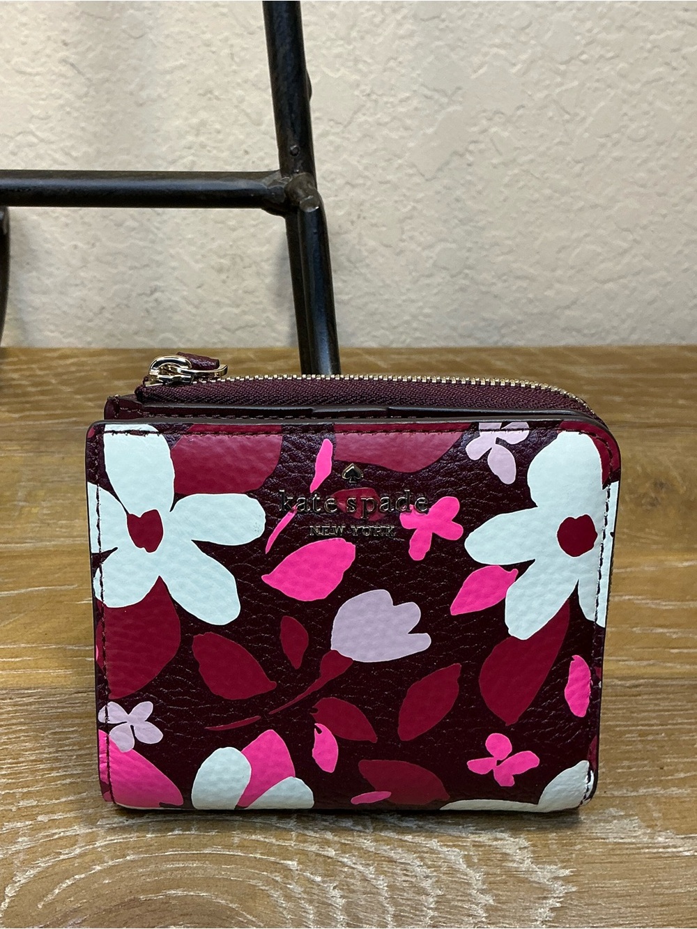 kate spade Jackson Forest Floral Small Bi-fold Wallet Burgundy, Pink, White NWT